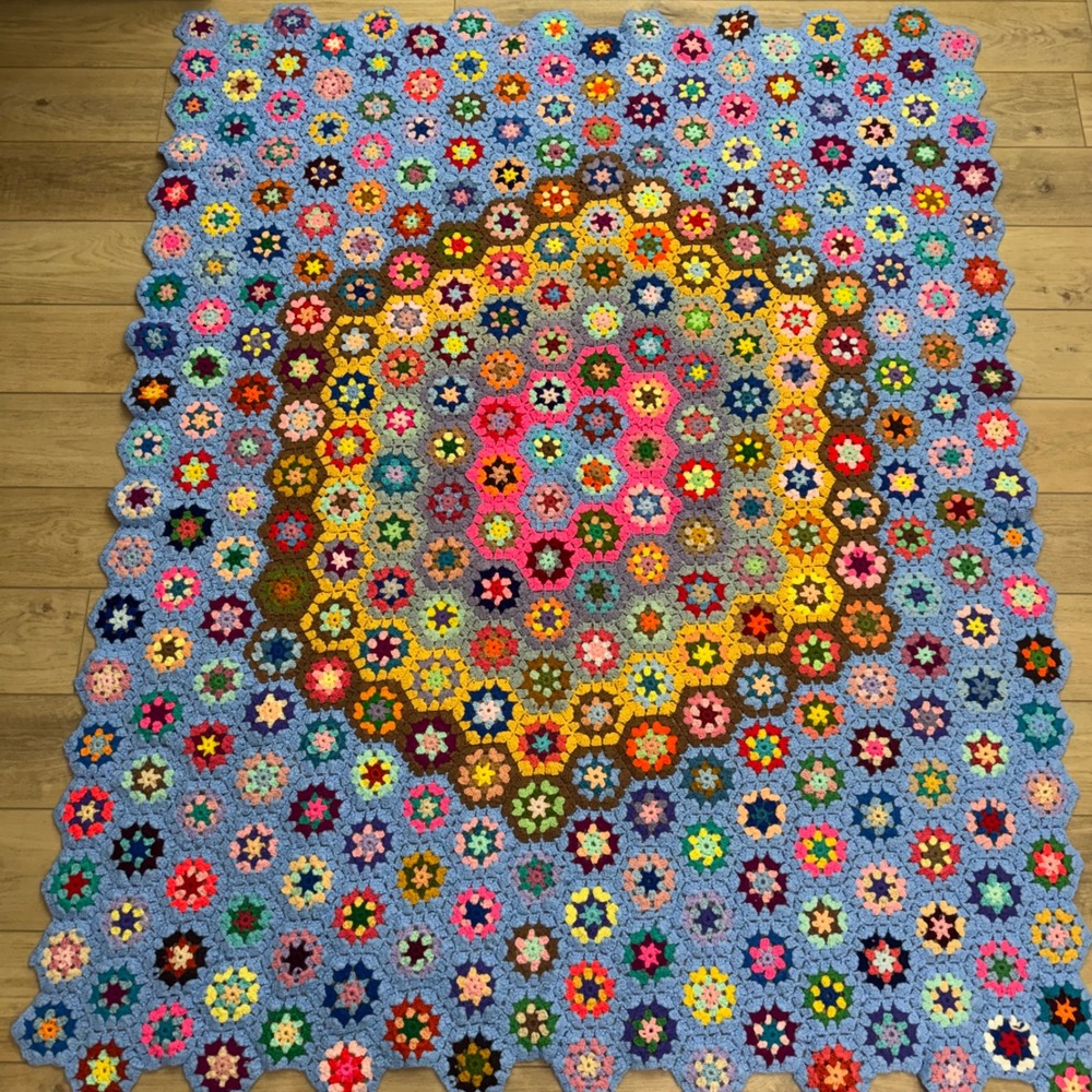 Vintage Handmade Crochet Hexagon Afghan Blanket Blue Multicolor 81x65